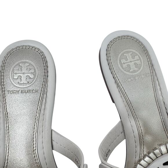 TORY BURCH Metallic Gold Cream Fringe Miller Logo Sandals Flip Flops Size 6.5 - Picture 4 of 12